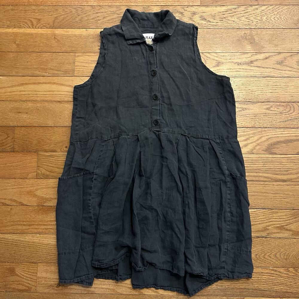 Flax By Jeanne Engelhart 100% Linen Sleeveless Collared Midi Sun Dress Medium